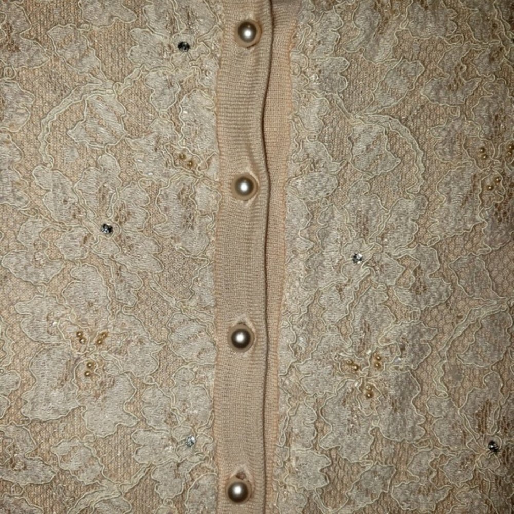The Limited Lace Cardigan in Champagne Beige with Beads, Pearls, & Rhinestones - Picture 5 of 7